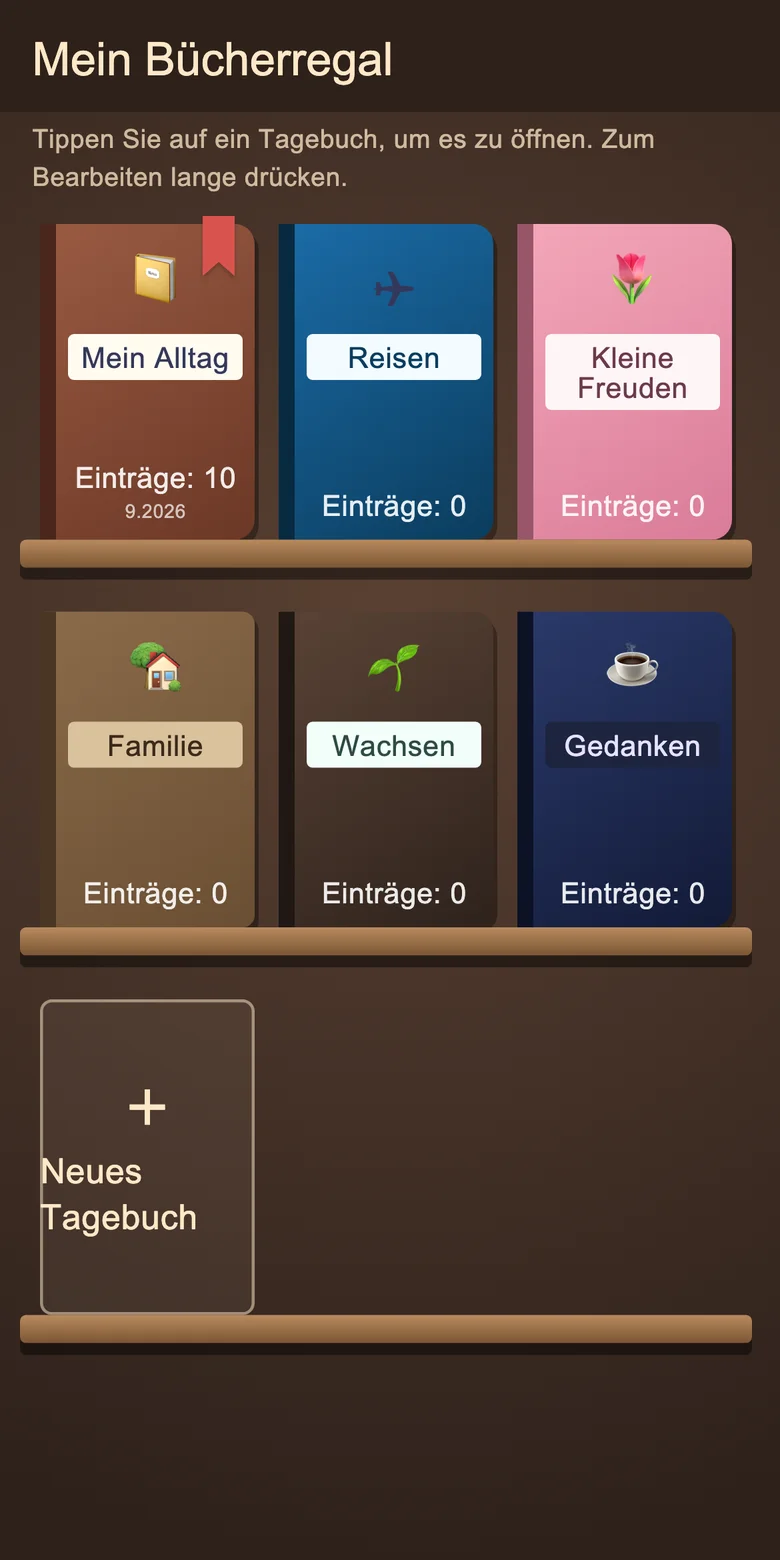 Bücherregal mit separaten Tagebuch-Notizbüchern