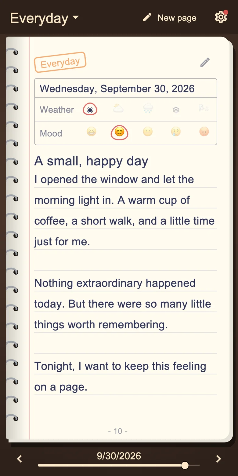 Diary page with mood and daily writing