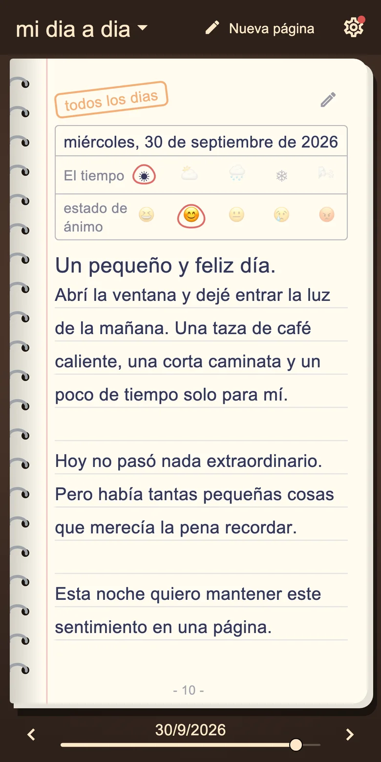 Página del diario con estado de ánimo y escritura diaria.