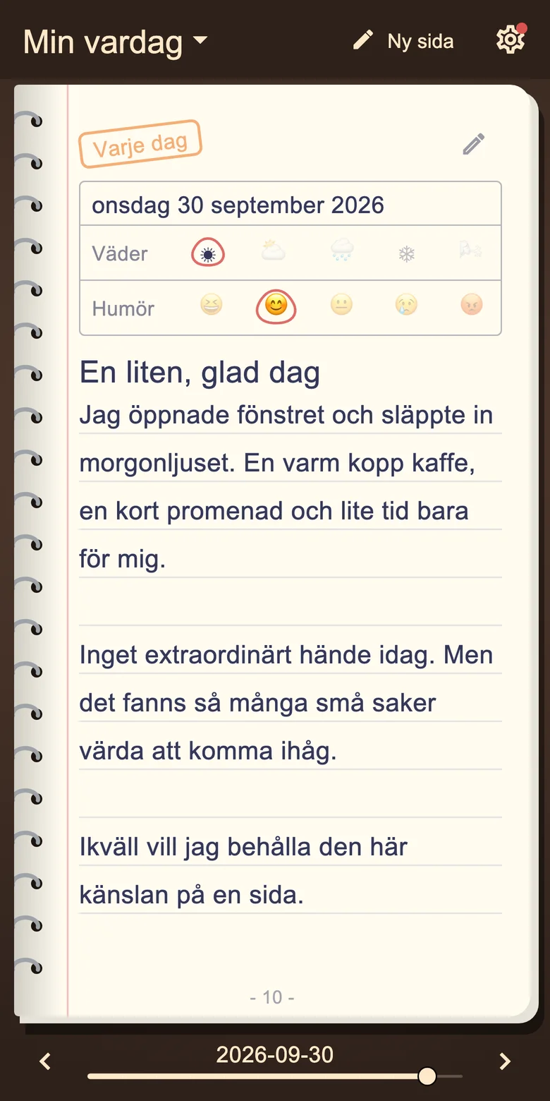 Dagbokssida med stämning och dagligt skrivande