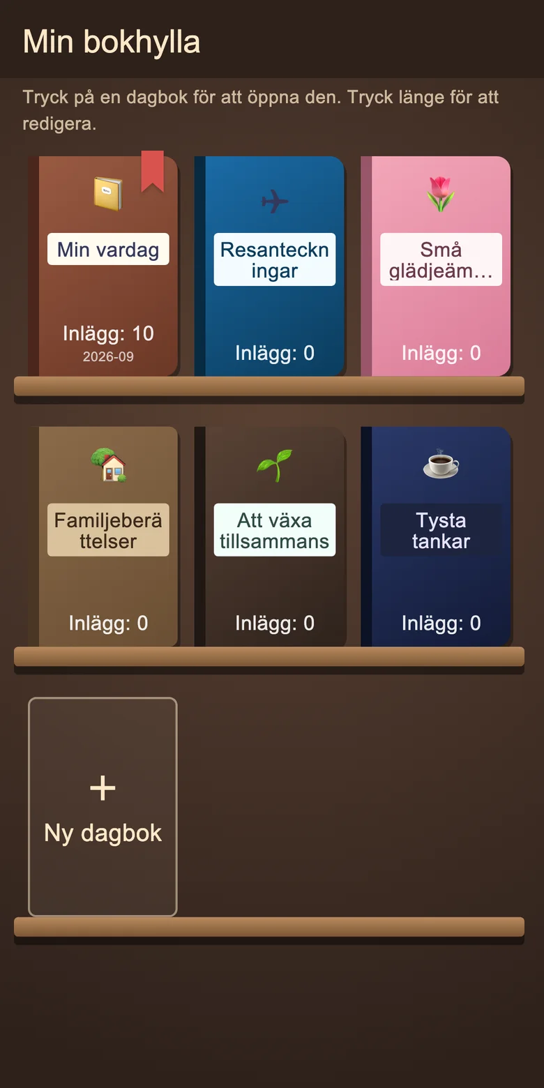 Bokhylla med separata dagboksanteckningsböcker